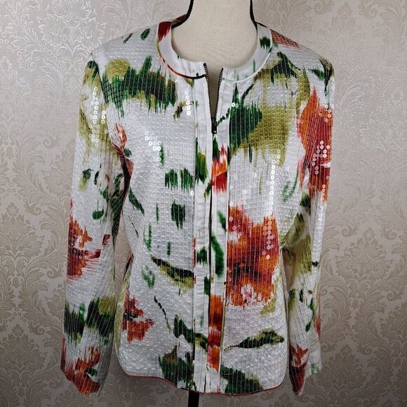 Chico's Size 1 (US S) Zip Front Jacket White Orange Green Clear Sequins Rd Neck - Picture 4 of 11